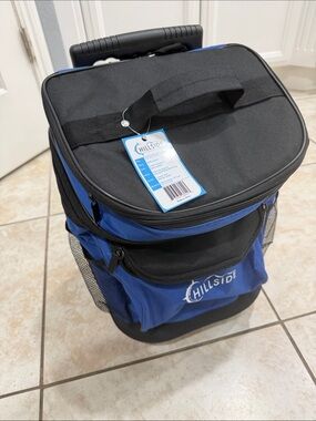 Blue and Black Rolling Cooler Bag with Telescoping Handle